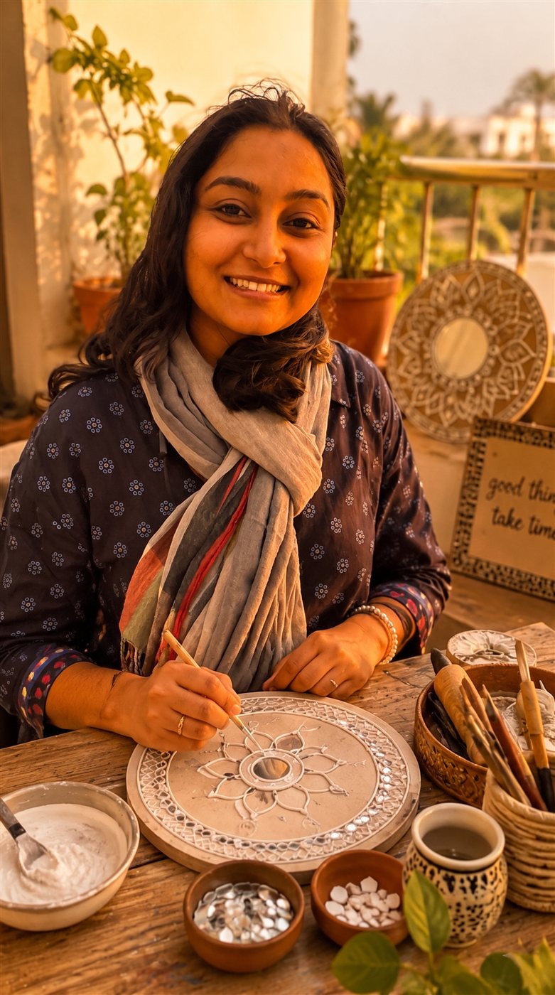 Anagha smiling as she sets mirrors into a Lippan art plate at her worktable